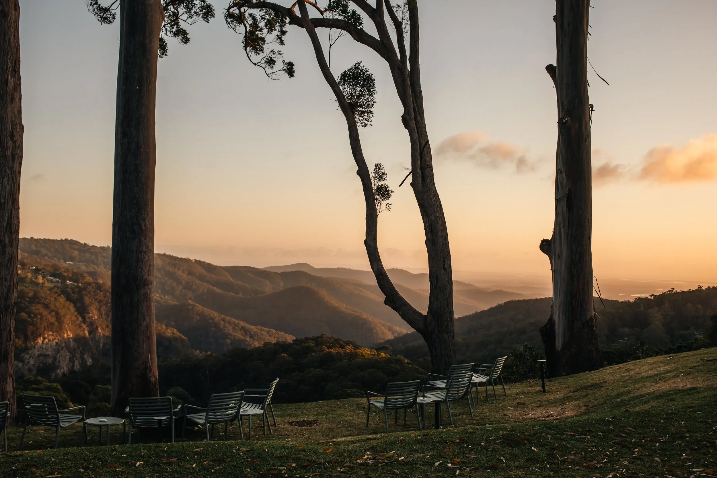 The retreat venue terrace at sunset overlooking the mountains